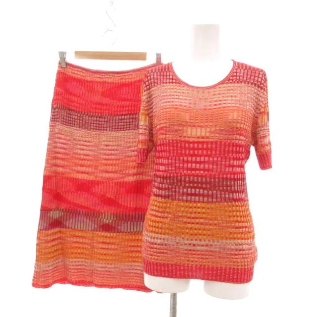 【中古】ミッソーニ MISSONI セットアップ ニット 半袖セーター ミディスカート シルク混 48 マルチボーダー 48