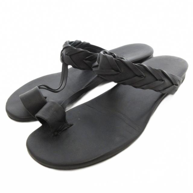 【中古】エルメス HERMES レザーブレード 編み込み サムループ サンダル 5.5 ブラック /UO ☆AA★ レディース