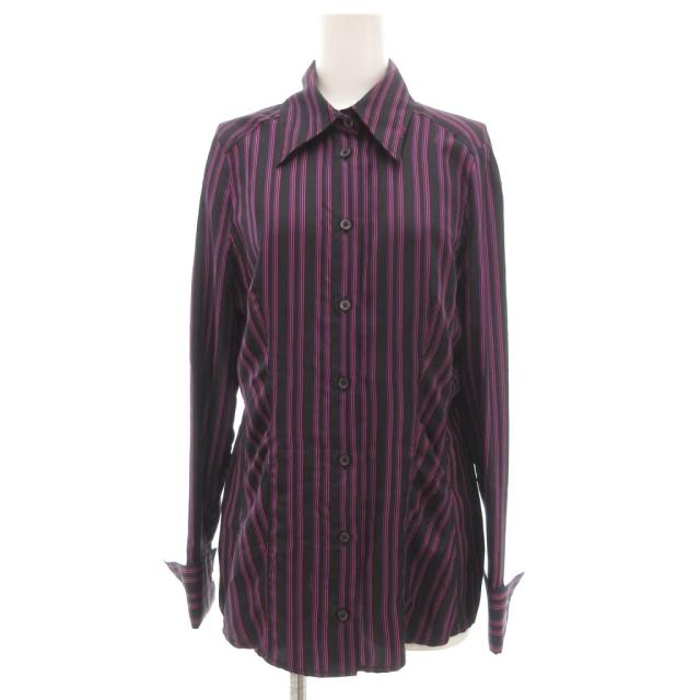 【中古】グッチ GUCCI シルク ストライプシャツ 長袖 44 ブラック /UO レディース