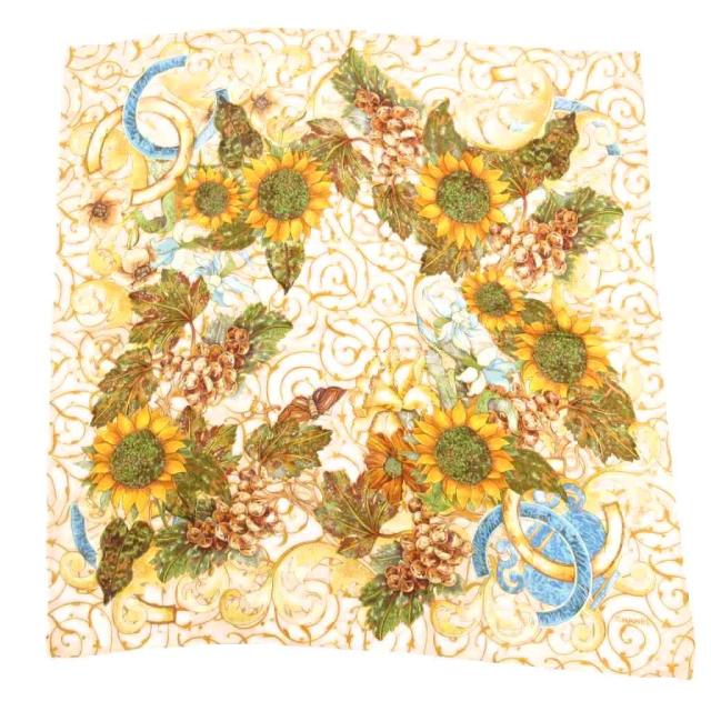 【中古】シャネル CHANEL スカーフ 大判 ココマーク ひまわり ブドウ ピンクベージュ イエロー系 /UO ☆AA★ レディース