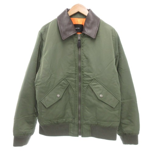 【中古】コーチ COACH ウーブン ジャケット レザーカラー MA-1 フライトジャケット 中綿 L グリーン CN945 /UO
