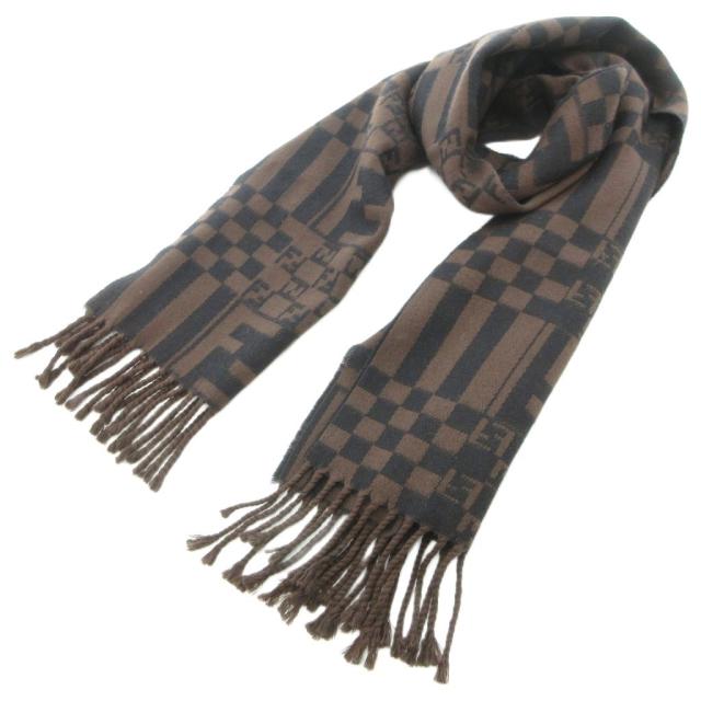 【中古】フェンディ FENDI cravatte マフラー ウール フリンジ FFロゴ ズッカ柄 ブロックチェック ブラウン系 /UO