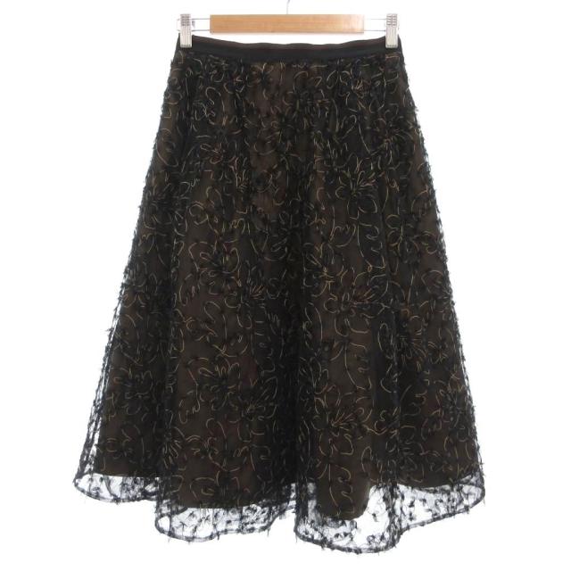 【中古】フォクシー FOXEY Manoir フローラル刺繍 チュールスカート フレア ひざ丈 38 黒 ブラック 39683 /UO
