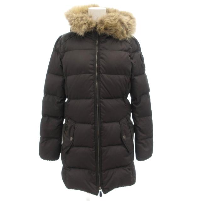 【中古】コーチ COACH ダウンコート フード ミドル丈 ナイロン コヨーテファー 裏地オプアート XS 黒 ブラック