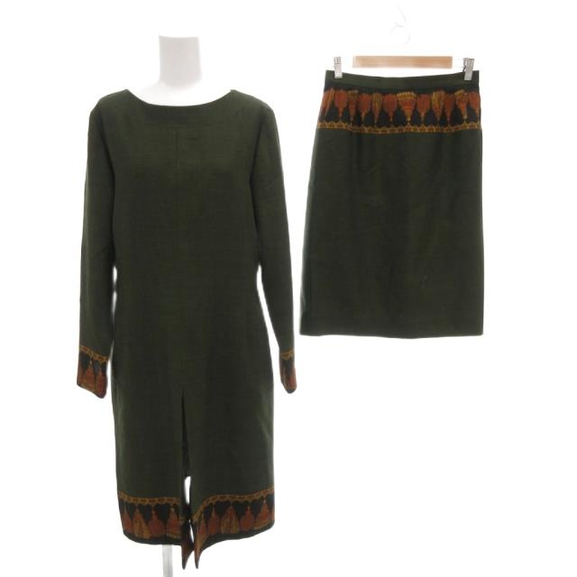 【中古】アクリス AKRIS ヴィンテージ 2点セット ワンピース スカート 40 ひざ丈 総柄 緑 グリーン /AE レディース