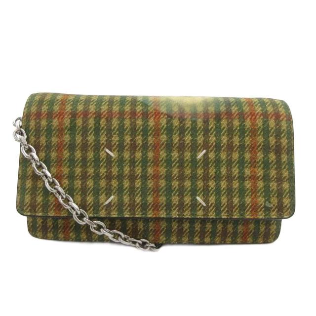 【中古】メゾンマルジェラ 22年 チェーンウォレット ショルダーバッグ 財布 ガンクラブチェック ベージュ系 SA3UI0018