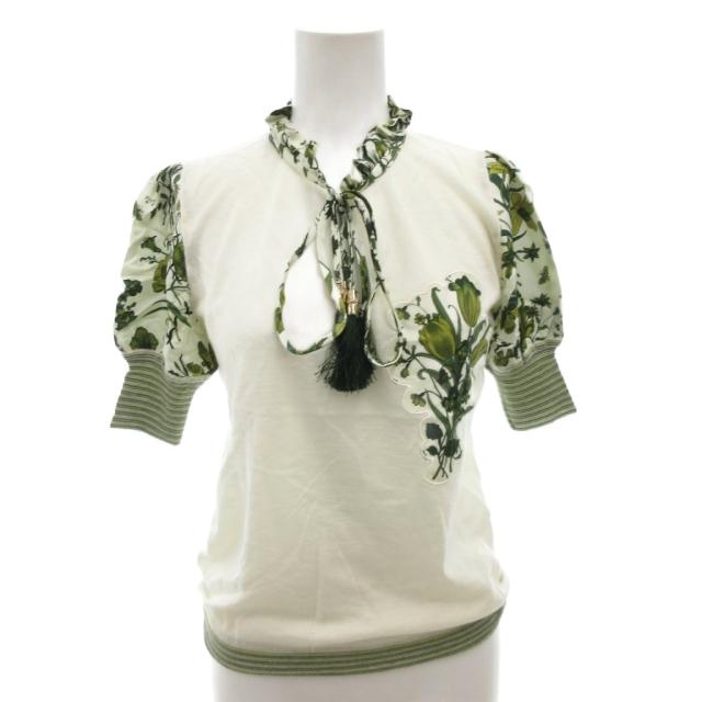 【中古】グッチ ニット セーター フローラ タッセル カシミヤ シルク Vネック リボン 半袖 XS ホワイト グリーン