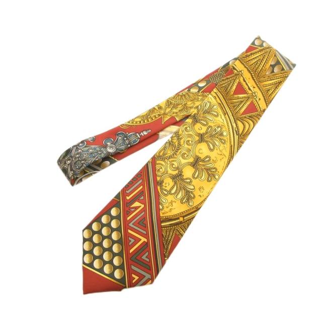 【中古】エルメス HERMES ネクタイ スカーフ柄 シルク 絹 茶 ブラウン ゴールドカラー /FF_1