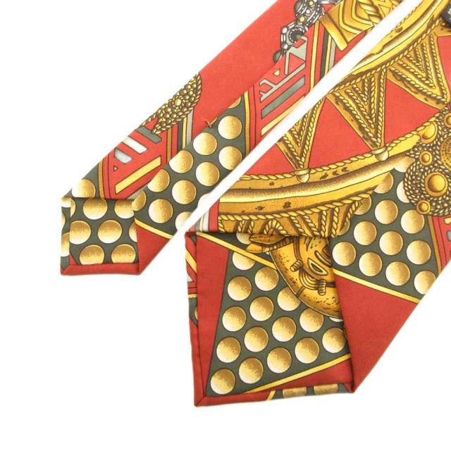 【中古】エルメス HERMES ネクタイ スカーフ柄 シルク 絹 茶 ブラウン ゴールドカラー /FF_3