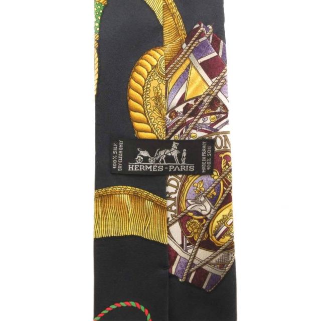 【中古】エルメス HERMES ネクタイ スカーフ柄 絹 シルク フランス製 黒 ブラック /FF メンズ_4