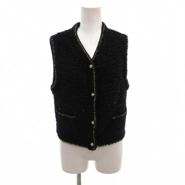 【中古】ルルロジェッタ ルールロジェット Fancy wool vest ツイードベスト ビジューボタン ラメ ニット 1 黒