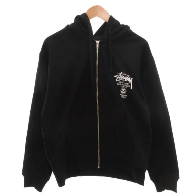 【中古】未使用品 ステューシー タグ付き WORLD TOUR ZIP HOOD ジップアップパーカー フーディ バックプリント S 黒