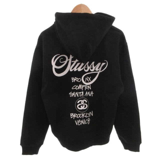 【中古】未使用品 ステューシー タグ付き WORLD TOUR ZIP HOOD ジップアップパーカー フーディ バックプリント S 黒_1