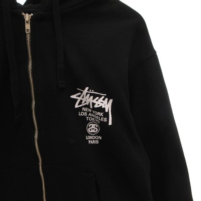 【中古】未使用品 ステューシー タグ付き WORLD TOUR ZIP HOOD ジップアップパーカー フーディ バックプリント S 黒_3