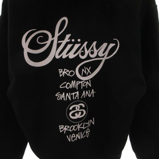 【中古】未使用品 ステューシー タグ付き WORLD TOUR ZIP HOOD ジップアップパーカー フーディ バックプリント S 黒_4