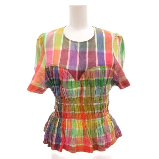 【中古】mii 25SS TOP OLYMPE カットソー ブラウス チェック ギャザー 半袖 M マルチカラー /FF レディース