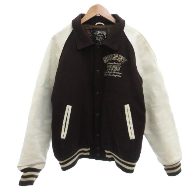【中古】ステューシー25th anniversary TRIBE 4 varsity jacket スタジャン ジャケット ブルゾン レザー切替 XL 茶