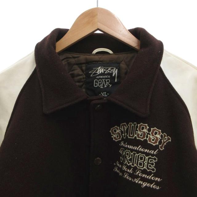 【中古】ステューシー25th anniversary TRIBE 4 varsity jacket スタジャン ジャケット ブルゾン レザー切替 XL 茶_2