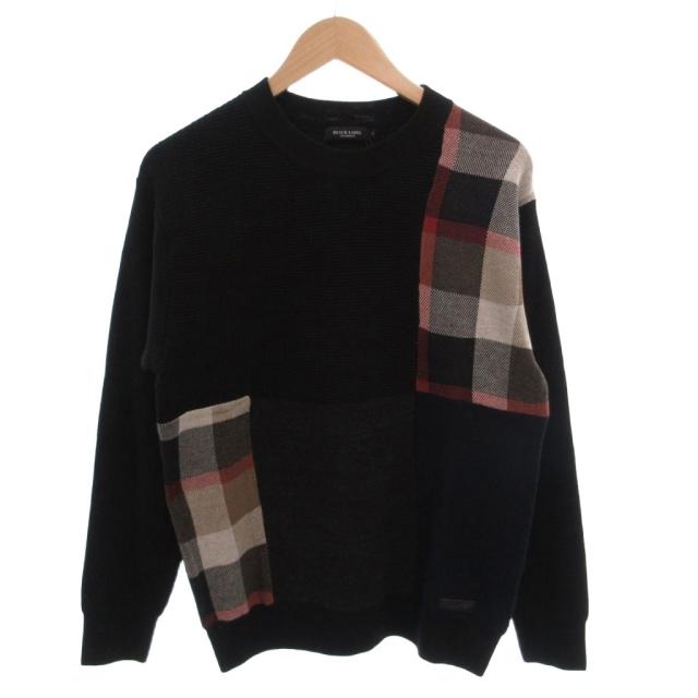 【中古】未使用品 ブラックレーベルクレストブリッジ タグ付き ニット セーター 長袖 パッチワークウール混 M 黒