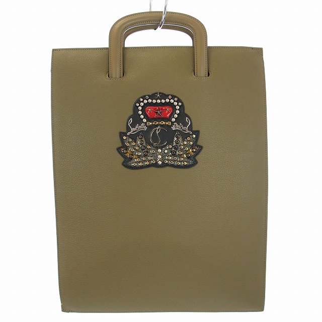 【中古】クリスチャンルブタン トリックトラック トートバッグ ハンドバッグ レザー スタッズ ロゴ カーキ レディースの通販は