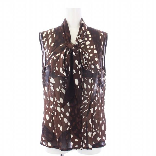 【中古】エルメス HERMES ノースリーブシャツ ブラウス ボウタイ リボン シアー シルク 絹 38 M 茶 ブラウンの通販は 30,800円