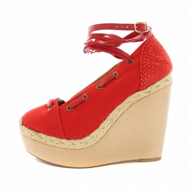 【中古】エルメス サンダル エスパドリーユ ウエッジソール ウッドソール レースアップ 36 23.0cm 赤 レディース