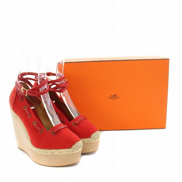 【中古】エルメス サンダル エスパドリーユ ウエッジソール ウッドソール レースアップ 36 23.0cm 赤 レディース