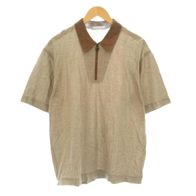 【中古】サルヴァトーレフェラガモ ガンチーニ ポロシャツ カットソー 鹿の子 半袖 ハーフジップ チェック柄 L 茶