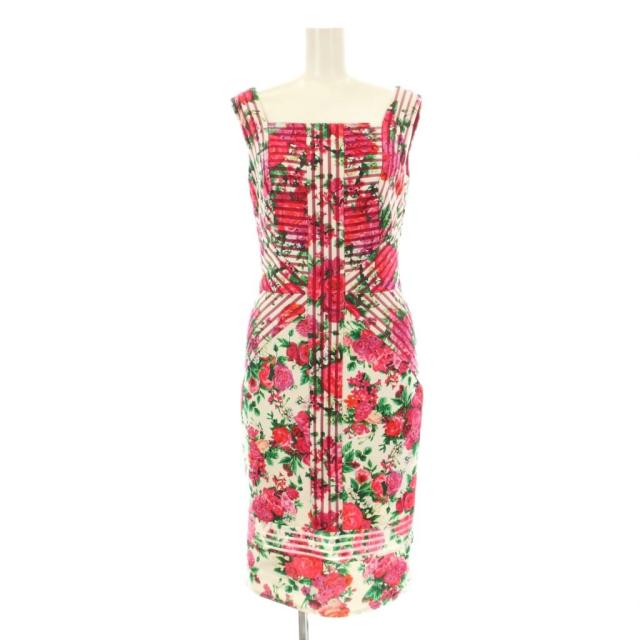 【中古】タダシショージ ワンピース タイト ミモレ ロング ノースリーブ スクエアネック 花柄 0 ピンク 白 BIQ19270MJ