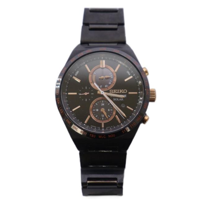 【中古】セイコー SEIKO 腕時計 ソーラー クロノグラフ デイト カレンダー付き 黒 /KH メンズ