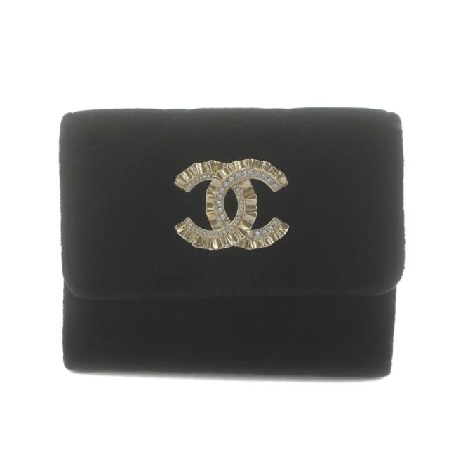 【中古】シャネル CHANEL マトラッセ ココマーク ベルベット コインケース 二つ折り財布 31番台 黒 ブラック