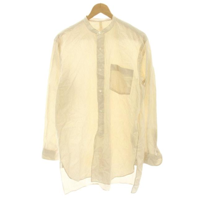 【中古】コモリ COMOLI バンドカラーシャツ ノーカラーシャツ ライトベージュ ストライプ 長袖 ロング J03-02002
