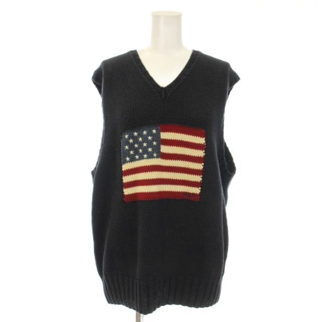 【中古】ポロ バイ ラルフローレン Polo by Ralph Lauren ニットベスト M 紺 ネイビー アメリカ国旗柄 Vネック