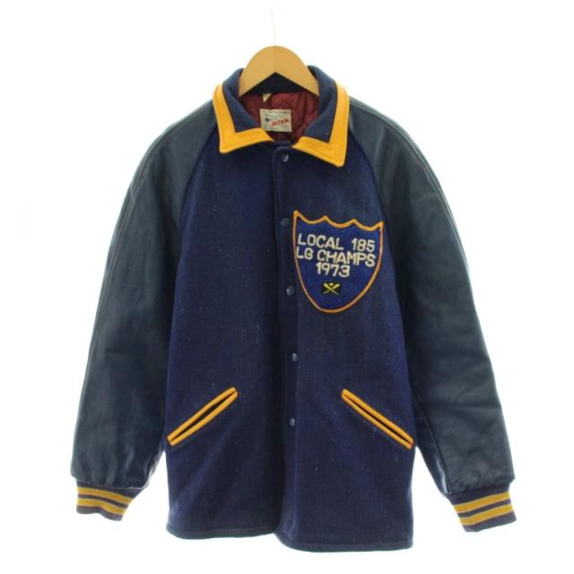 【中古】バトウィン BUTWIN 60〜70s スタジャン スタジアムジャンパー ロゴ レザー 切替 42 紺 ネイビー 黄