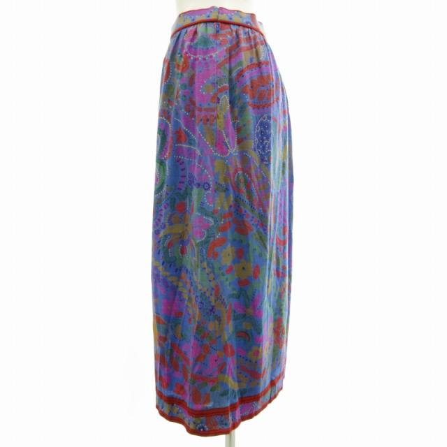 【中古】レオナール LEONARD FASHION タックスカート セミフレア シルク混 総柄 ロング 66 S-M 青 ブルー /FF ■ECの通販は