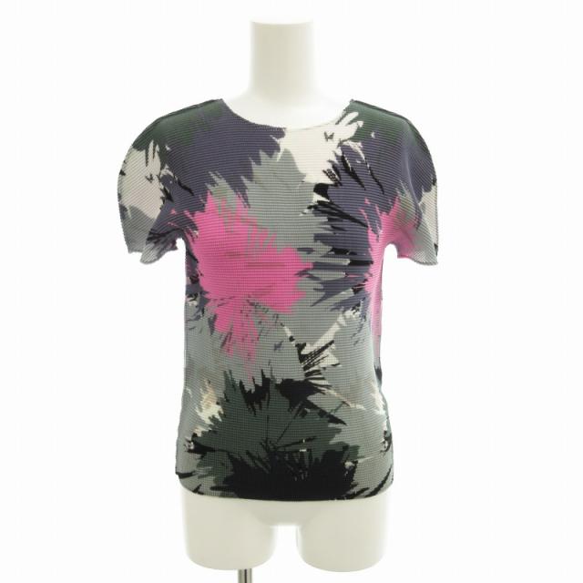 【中古】ミーイッセイミヤケ me ISSEY MIYAKE 美品 プリーツカットソー Tシャツ ペイント柄 半袖 グレー ピンクの通販は