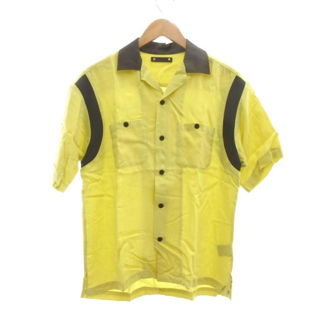 【中古】マインデニム ダブルポケット ボウリングシャツ グラフィックプリント リブライン 半袖 1 黄 イエロー /UO