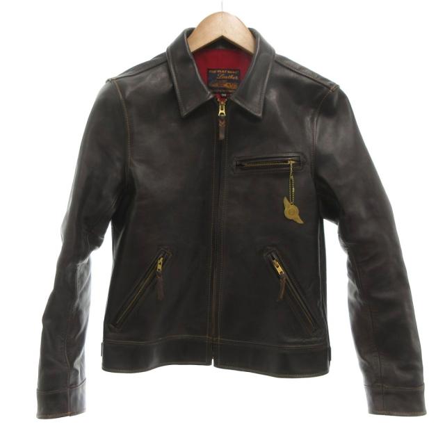 【中古】ザ フラットヘッド THE FLAT HEAD ホースハイド シングル ライダースジャケット レザー 馬革 38 茶芯 黒系