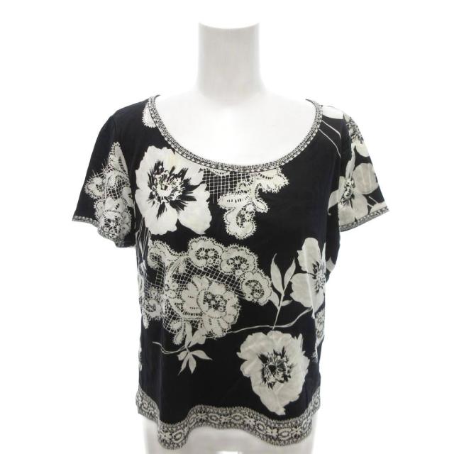 【中古】レオナール LEONARD Tシャツ カットソー LL 白 ホワイト 黒 ブラック 花柄 レース柄 ボートネック 半袖
