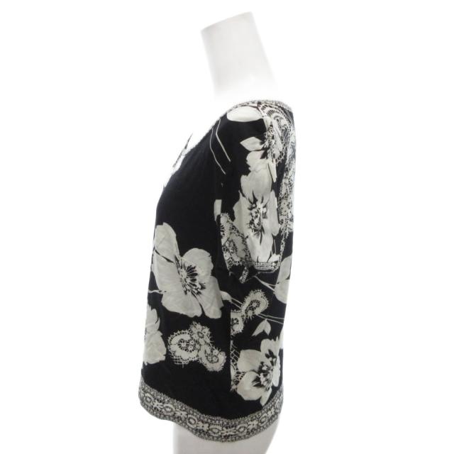 【中古】レオナール LEONARD Tシャツ カットソー LL 白 ホワイト 黒 ブラック 花柄 レース柄 ボートネック 半袖_1