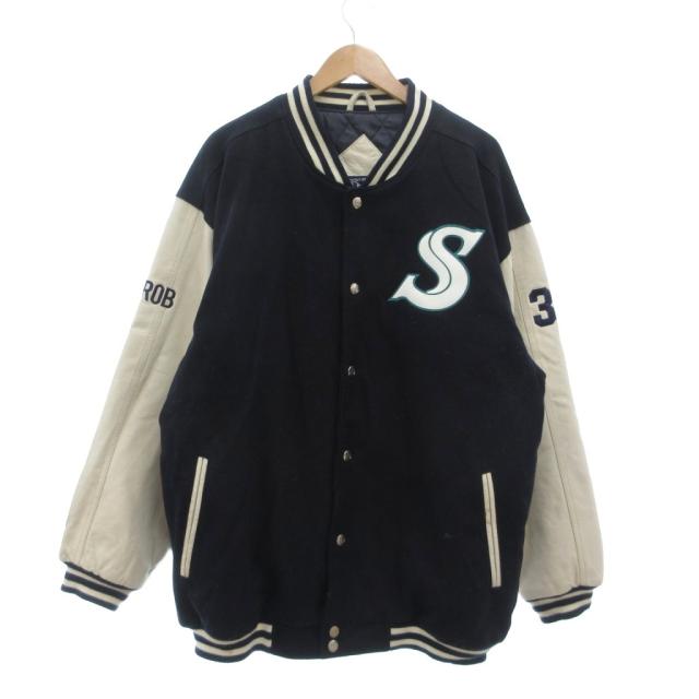 【中古】インドア オリジナル スタジャン ジャンパー ブルゾン 2XL レザー 裏地キルティング 紺 ネイビー 白
