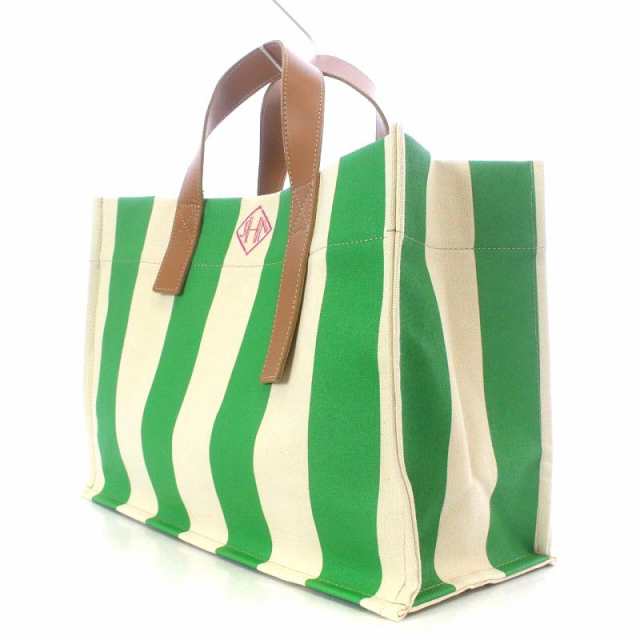 【中古】ジェイエヌハーツ JNHearts Garden Green Stripe トートバッグ ハンドバッグ キャンバス バイカラー 緑色 白｜au  PAY マーケット