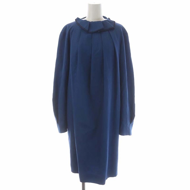 【中古】ニナリッチ NINA RICCI 22SS プリーツ シフトドレス ワンピース ラッフルネック ひざ丈 長袖 ウール 38 青