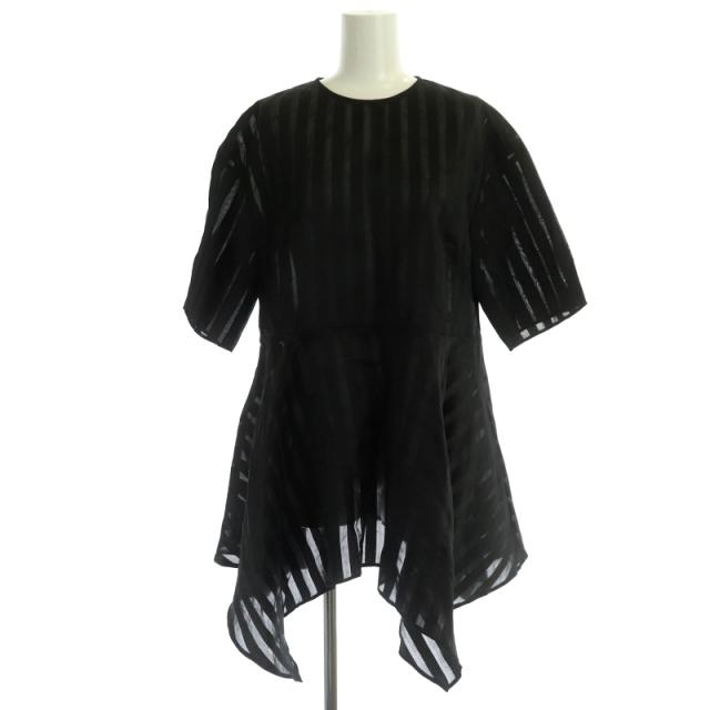 【中古】アドーア 23AW オーガンザストライプブラウス チュニック イレギュラーヘム 五分袖 38 チャコールグレーの通販は