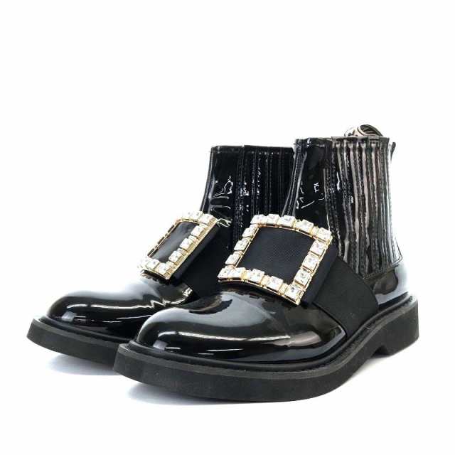 【中古】ロジェヴィヴィエ ROGER VIVIER ヴィヴ レンジャー ストラスバックル パテントレザー チェルシーブーツ 40 黒