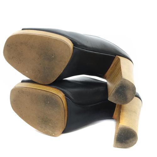 【中古】ルメール LEMAIRE チャンキーヒール レザーサンダル ハイヒール 23.5cm 黒 べージュ /SR4 ■SH レディース