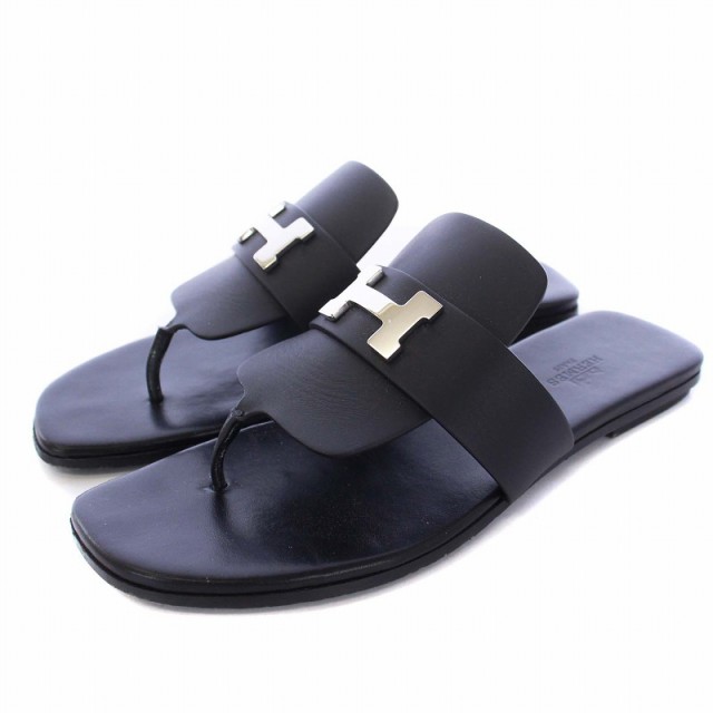 【中古】エルメス Galerie Sandal トングサンダル フラット スクエアトゥ レザー シルバー金具 38 24.5cm 黒 231038Z