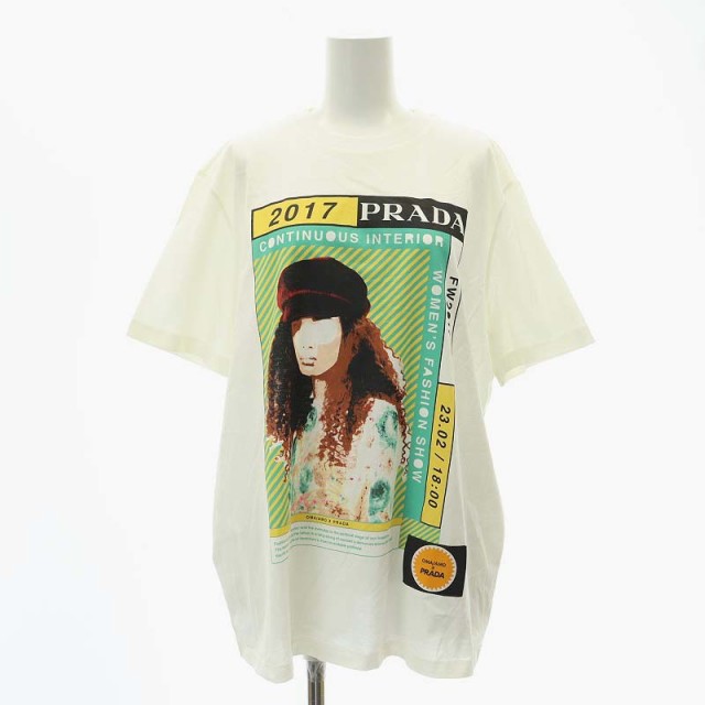 【中古】プラダ PRADA 35838 S161ロゴプリントTシャツ2017 半袖 プルオーバー L オフホワイト /SY ■OS レディース