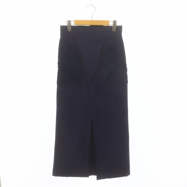 【中古】マメクロゴウチ 22SS Cording Embroidered Nep-Cotton Skirt スカート ロング タイト 2 紺 レディース