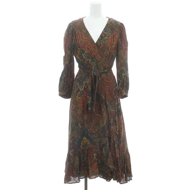 【中古】ポロ ラルフローレン カシュクールワンピース 長袖 ペイズリー 総柄 ミモレロング 6 L 赤 レッド カーキの通販は